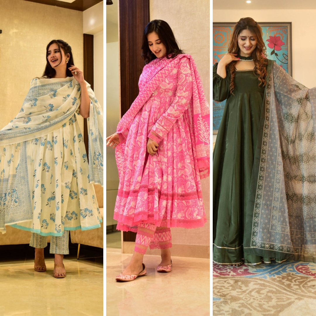 Block Print Anarkali 3 Pieces Combo Kurta, Palazzo & Dupatta - Set 4