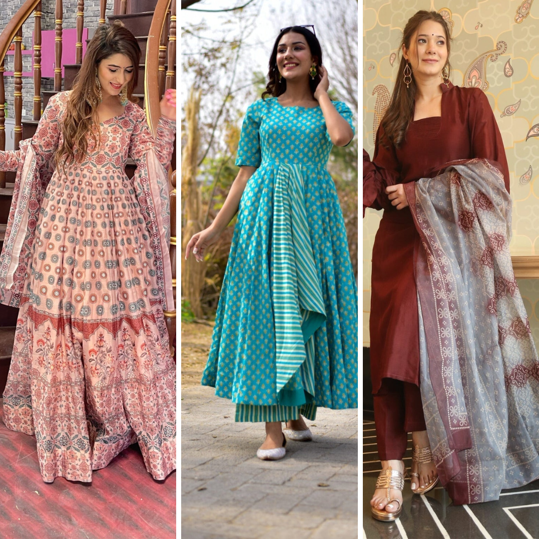 Block Print Anarkali 3 Pieces Combo Kurta, Palazzo & Dupatta - Set 14