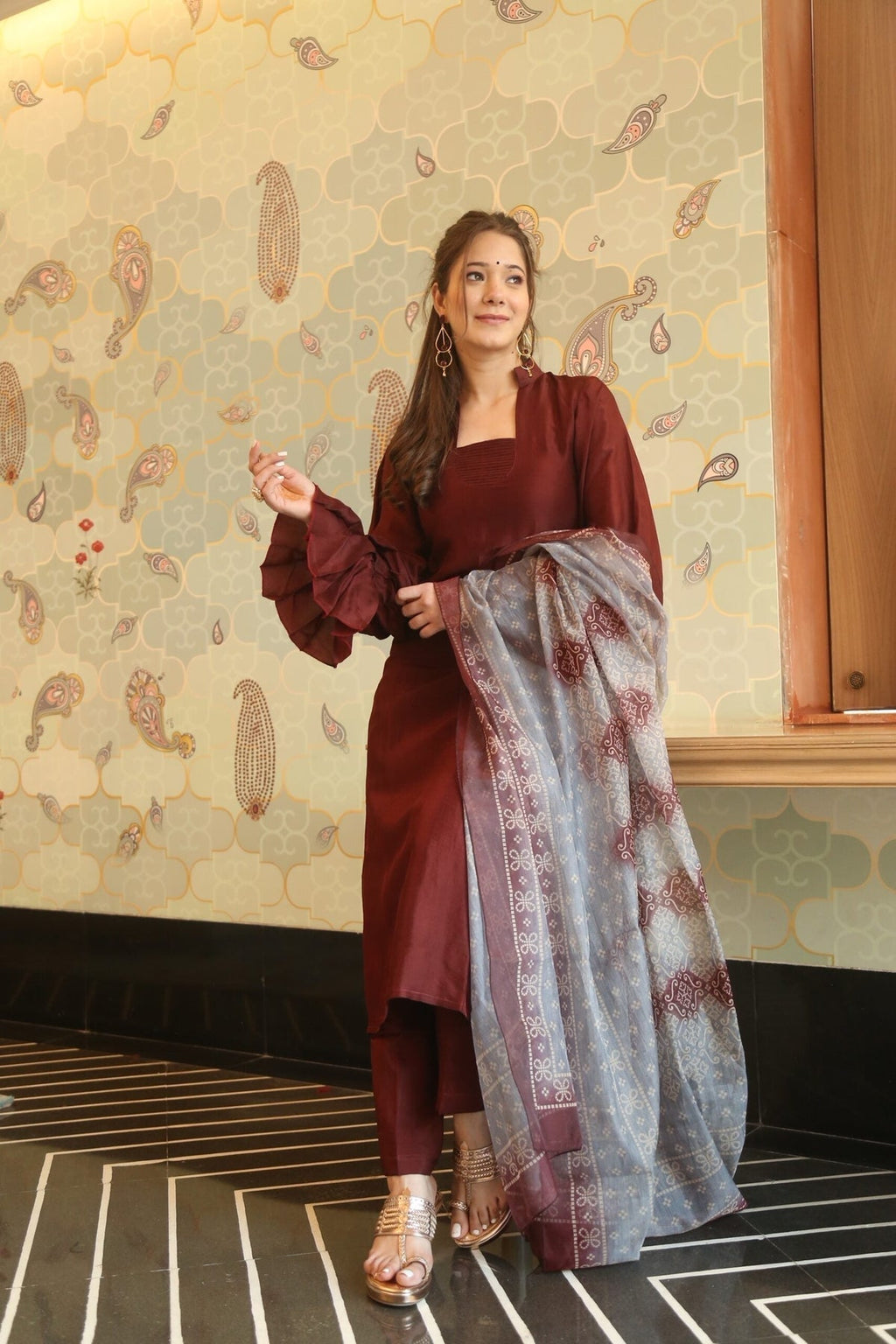 Block Print Anarkali 3 Pieces Combo Kurta, Palazzo & Dupatta - Set 14